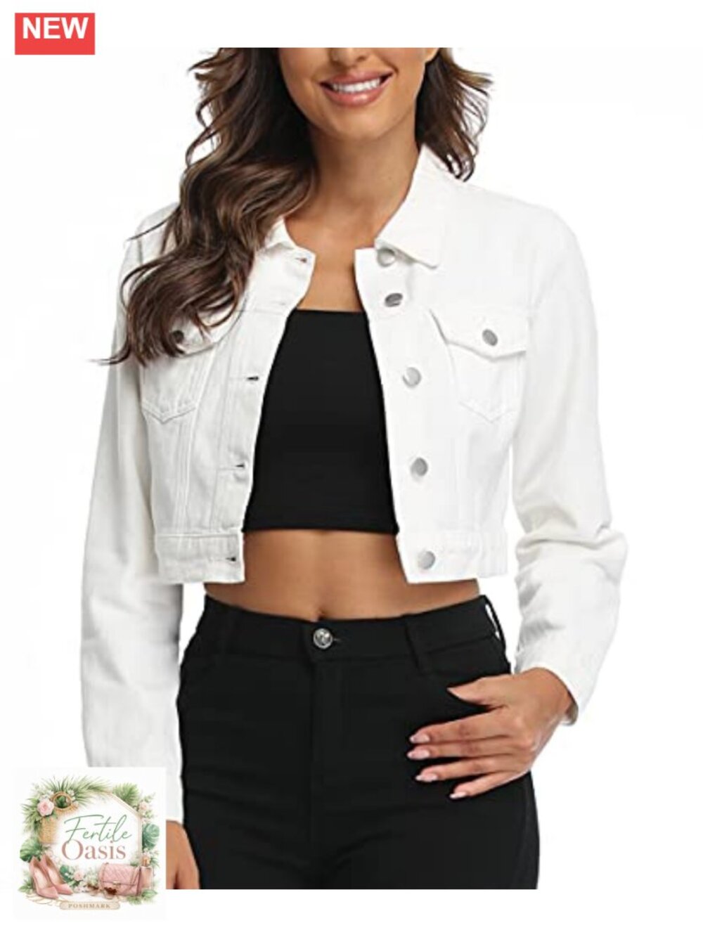Cropped Denim Jean Jacket Button Down Long Sleeve with Pockets